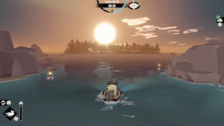 Captura del juego Dredge, se ve el barco con el sol en el horizonte.